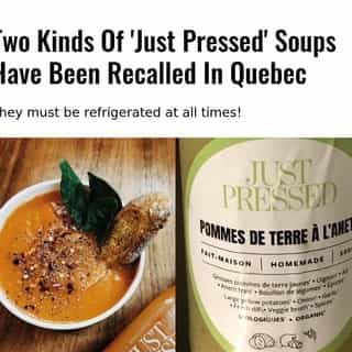 The Ministry of Agriculture, Fisheries and Food (MAPAQ) is warning Quebecers to watch out for a certain batch of Just Pressed soup, sold at several locations across the province.⁠
⁠
*Click the link in @mtlblog bio for the full story! ⁠
⁠
📸: @justpressedmtl &  Qualité des aliments via @twitter⁠
