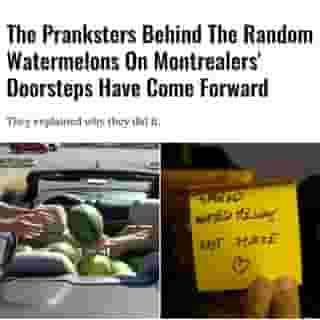 On Monday, dozens of residents in Montreal's Bois-Franc neighbourhood woke up to find watermelons on their doorsteps. Baffled and a little bit spooked, they were sceptical of eating the mysterious gifts, which each came with seemingly cryptic notes attached.⁠
⁠
Click the link in @mtlblog bio for the full story! ⁠
⁠
📸: Courtesy of evgeny via @youtube⁠
