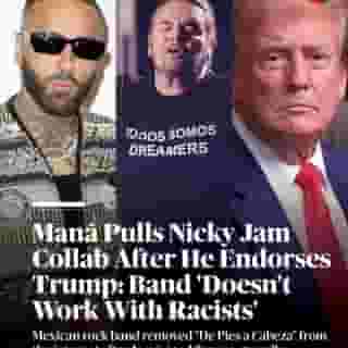Nicky Jam‘s collab with Maná, "De Pies a Cabeza," is no longer on streaming services. On Sunday morning, the Mexican rock band announced that it had pulled the song from the internet following the reggaeton star’s public endorsement of Donald Trump. "Maná doesn’t work with racists," read the statement from Fher Olvera. Hit the link in bio to read more.