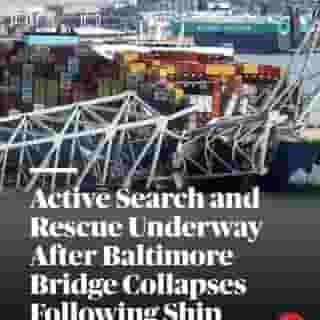 Search and rescue procedures are underway in Maryland following the collapse of the Francis Key Scott Bridge in Baltimore early Tuesday morning. A video from the event captures the full 1.6-mile stretch descending into the Patapsco River after being struck by a 948-foot-long container ship named Dali. The ship collided with a column, triggering the collapse. Hit the link in bio to learn more. 📷 Jim Watson/AFP, Roberto Schmidt/AFP