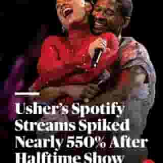 Immediately following Super Bowl LVIII, Usher's @spotify streams skyrocketed, including: "Caught Up" (+2,000%), "Confessions (Part II)" (+900%), "Yeah!" (+520%), and more. Usher is now hitting the road for his 'Past Present Future' tour, hit the link in bio to see how to score tickets. #RSrecommends 📷 Michael Owens/Getty