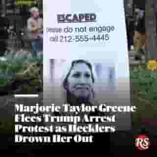 Marjorie Taylor Greene left her rally in New York minutes after arriving, as anti-Trump protesters drowned her out as she attempted to speak through a megaphone. "This is a travesty," Greene blared, calling Democrats the "party of violence" as she was shouted down by detractors. Hit the link in bio to read more. 📷 Michael M. Santiago/Getty