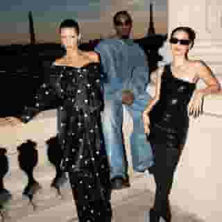 @offsetyrn's new video staring @bellahadid and featuring @moneybaggyo is the ultimate ode to @balenciaga. Offset wore a biker jacket and Bella wore a vintage black silver rhinestone bikini and BB plate necklace. Hit the link in bio for more details and to see the “CODE” visuals. 📸 via @offsetyrn, @shotbycones via @shexshe, via @bellahadid