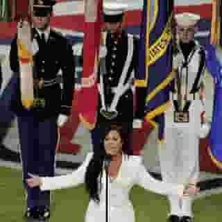 Demi Lovato just blew everyone away with her rendition of the National Anthem at the #SuperBowl. See it at the link in our bio. Photograph by Charlie Riedel/AP/Shutterstock