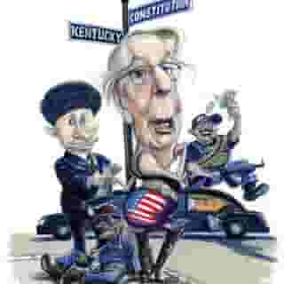 Come for the drawing of Mitch McConnell in the bikini. Stay for the chronicle of how he sold out America for his own ambition. It's all there in the link in our bio. Illustration by @juhaszillustration