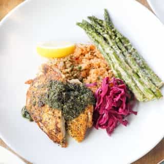 OFFICIALLY DECLARING CHIMICHURRI THE SAUCE OF THE SUMMER | Chimichurri is a magical sauce.⁠
⁠
It’s a zesty and vibrant blend of fresh herbs, walnuts, cranberries, lemon and olive oil that is good on pretty much everything – especially our forno-roasted double chicken breast!⁠
⁠
Check out the link in our bio to view our Spring Fresh Sheet available on the patio at all locations until May 4.