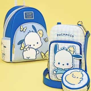 Complete your outfit with these exclusive Pochacco and U*SA*HA*NA styles online at Sanrio.com and @loungefly 🩵💛🩷 Link in bio to shop. 