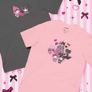 Celebrate My Melody and Kuromi's Anniversary with these tees 🩷💜 Available on Sanrio.com! Link in bio to shop. #MyMelody50th #Kuromi20th 