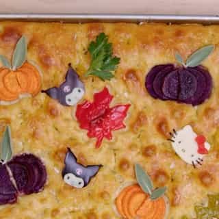 Follow along on the #HelloKittyandFriends YouTube channel to make this cozy Kuromi & Hello Kitty Fall focaccia bread! 🍂 Link in bio.