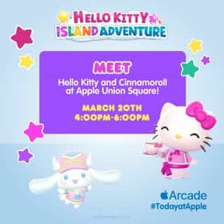 Hello SF! Join @HelloKitty and Cinnamoroll at Apple Union Square on Wednesday, March 20th to play the latest update to Hello Kitty Island Adventure on Apple Arcade. We’ll celebrate International Day of Happiness with fun surprises and new friends, including @sunblinkentertainment. ⁠
⁠
📍300 Post St. San Francisco, CA⁠
⁠
It’s free but spots are limited, so come early. Link in bio to register! #TodayatApple #AppleArcade #HelloKittyIslandAdventure