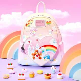 Dreamy, nostalgic cuteness 🌈☁️ The Hello Kitty and Friends x @carebears collection from @loungefly is finally here! Link in bio to shop. #HelloKittyxCareBears 