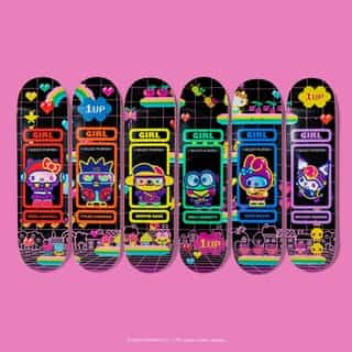 Select your player 👾 New @girlskateboards x Hello Kitty and Friends Kawaii Arcade Series just dropped! Link in bio to shop.