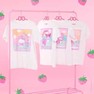 Our new tees are berry sweet! 🍓💕 Shop strawberry milk inspired t-shirts featuring Hello Kitty, Kuromi, and My Melody online now. Link in bio!